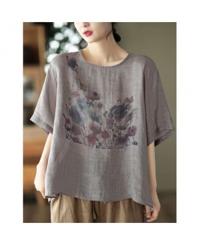 Summer New Fashion Loose Casual Ink Print Cotton Linen T-shirt Ladies Comfortable Short Sleeve Pullover Top Women All-match T...