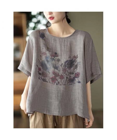 Summer New Fashion Loose Casual Ink Print Cotton Linen T-shirt Ladies Comfortable Short Sleeve Pullover Top Women All-match T...