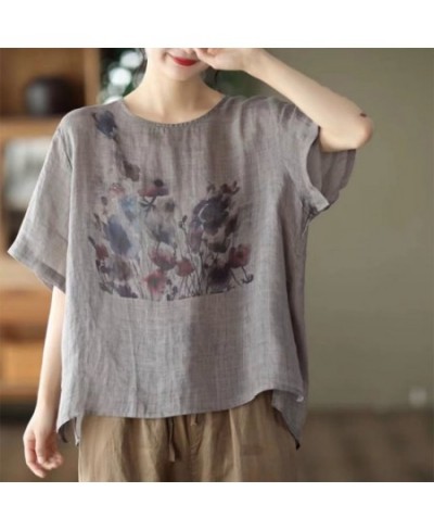 Summer New Fashion Loose Casual Ink Print Cotton Linen T-shirt Ladies Comfortable Short Sleeve Pullover Top Women All-match T...