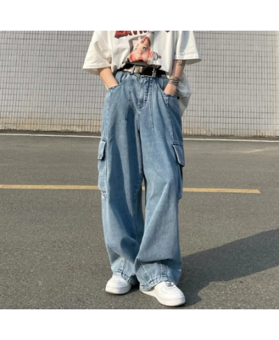 Streetwear Boyfriend Cargo Jeans Women Big Pocket Wide Leg Jeans Oversize 80kg Denim Pants Man Hip Hop Baggy Cowboy Trousers ...