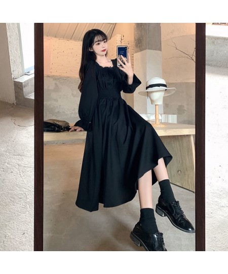 Black Elegant Dress Women Vintage Long Sleeve Spring Autumn Dresses Square Collar Oversize Loose Casual Robe Streetwear $44.1...