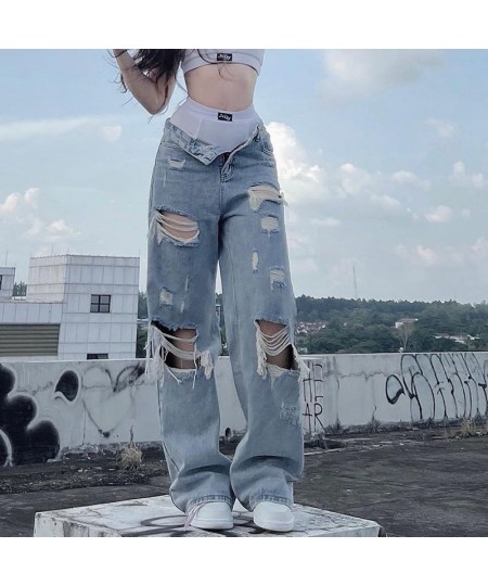 Streetwear Straight Pants Ladies Ripped Jeans Mid Waist Loose Wide Leg Pants Ladies Jeans Y2K Summer High Street Cargo Pants ...