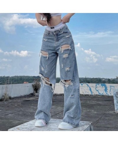 Streetwear Straight Pants Ladies Ripped Jeans Mid Waist Loose Wide Leg Pants Ladies Jeans Y2K Summer High Street Cargo Pants ...