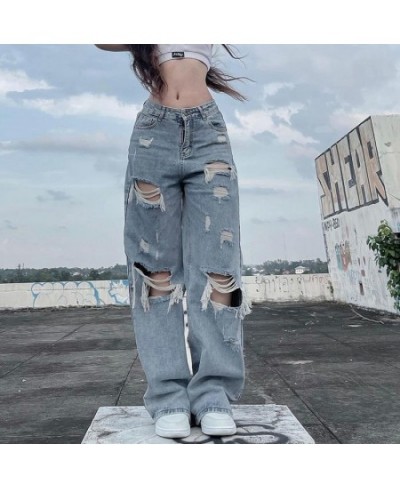 Streetwear Straight Pants Ladies Ripped Jeans Mid Waist Loose Wide Leg Pants Ladies Jeans Y2K Summer High Street Cargo Pants ...