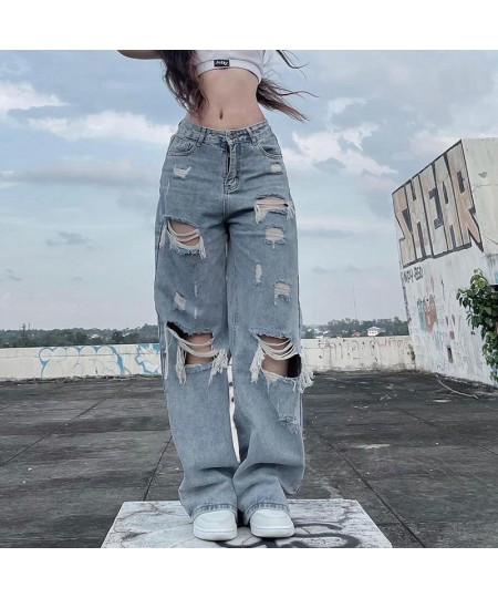 Streetwear Straight Pants Ladies Ripped Jeans Mid Waist Loose Wide Leg Pants Ladies Jeans Y2K Summer High Street Cargo Pants ...