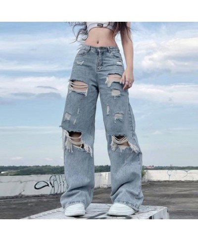 Streetwear Straight Pants Ladies Ripped Jeans Mid Waist Loose Wide Leg Pants Ladies Jeans Y2K Summer High Street Cargo Pants ...