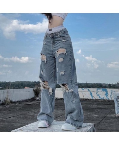 Streetwear Straight Pants Ladies Ripped Jeans Mid Waist Loose Wide Leg Pants Ladies Jeans Y2K Summer High Street Cargo Pants ...