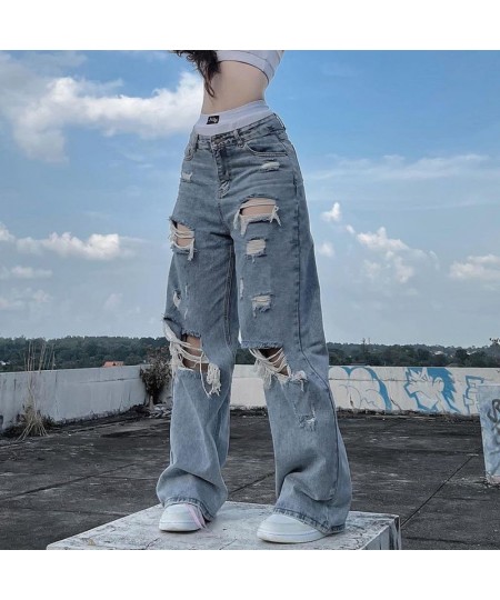 Streetwear Straight Pants Ladies Ripped Jeans Mid Waist Loose Wide Leg Pants Ladies Jeans Y2K Summer High Street Cargo Pants ...