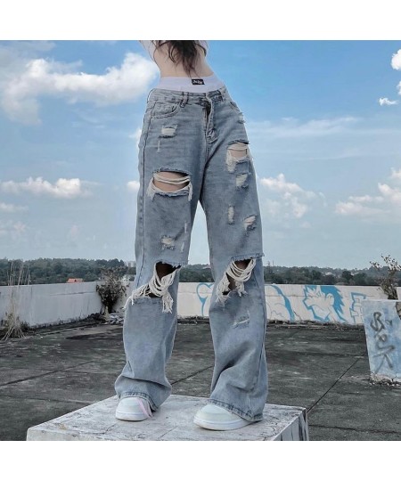 Streetwear Straight Pants Ladies Ripped Jeans Mid Waist Loose Wide Leg Pants Ladies Jeans Y2K Summer High Street Cargo Pants ...