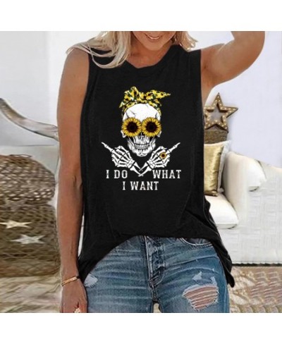 I Do What I Want Sunflower Skull Print Funny T-shirt Women Round Neck Tops Sleeveless Summer Loose Tee Shirt Femme $24.79 - T...