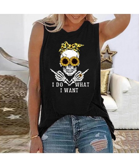 I Do What I Want Sunflower Skull Print Funny T-shirt Women Round Neck Tops Sleeveless Summer Loose Tee Shirt Femme $24.79 - T...