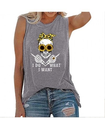 I Do What I Want Sunflower Skull Print Funny T-shirt Women Round Neck Tops Sleeveless Summer Loose Tee Shirt Femme $24.79 - T...