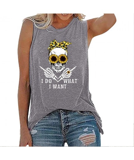 I Do What I Want Sunflower Skull Print Funny T-shirt Women Round Neck Tops Sleeveless Summer Loose Tee Shirt Femme $24.79 - T...