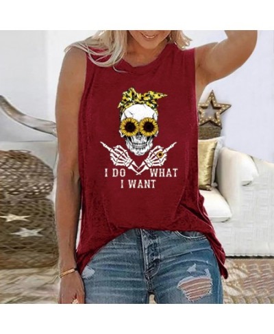 I Do What I Want Sunflower Skull Print Funny T-shirt Women Round Neck Tops Sleeveless Summer Loose Tee Shirt Femme $24.79 - T...