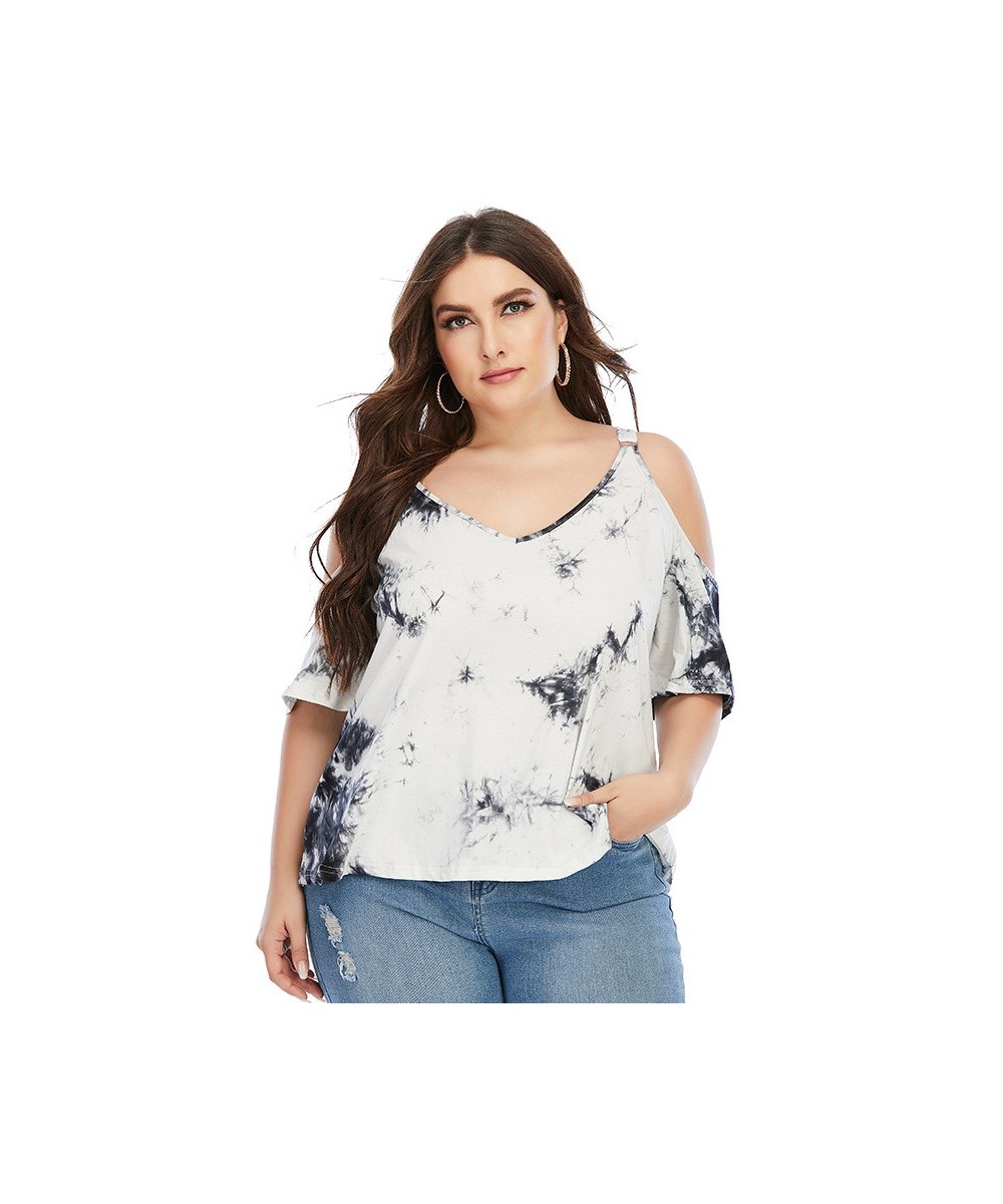 L-4XL Plus Size Women's Clothing Off Shoulder Printed Short Sleeves T-Shirt Tie-dyed V-neck Top with Shoulder Straps Ladies $...