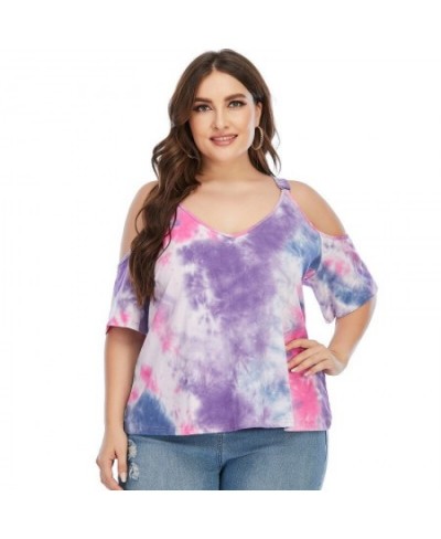 L-4XL Plus Size Women's Clothing Off Shoulder Printed Short Sleeves T-Shirt Tie-dyed V-neck Top with Shoulder Straps Ladies $...