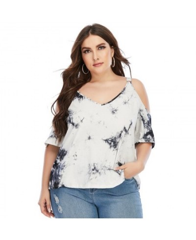 L-4XL Plus Size Women's Clothing Off Shoulder Printed Short Sleeves T-Shirt Tie-dyed V-neck Top with Shoulder Straps Ladies $...