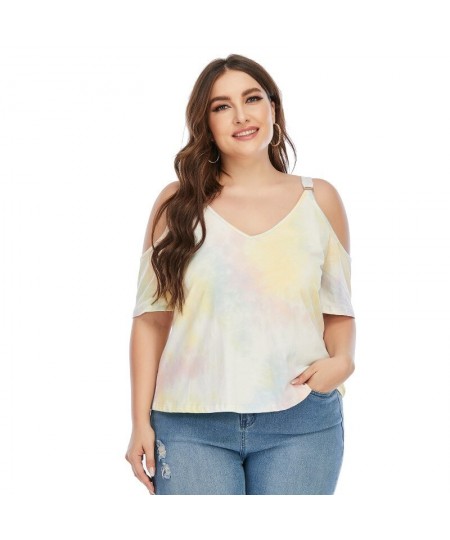 L-4XL Plus Size Women's Clothing Off Shoulder Printed Short Sleeves T-Shirt Tie-dyed V-neck Top with Shoulder Straps Ladies $...