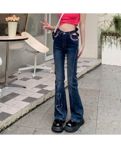 Sweet High Waist Heart Embroidery Jeans Women Chic Trousers Lace Ruffles Slim Flare Pants Korean Female Harajuku Denim Pants ...