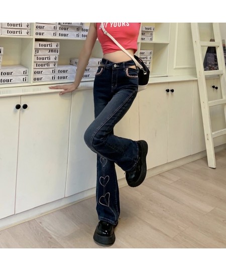 Sweet High Waist Heart Embroidery Jeans Women Chic Trousers Lace Ruffles Slim Flare Pants Korean Female Harajuku Denim Pants ...