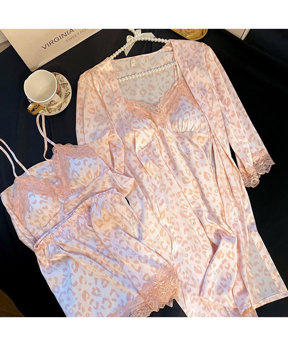 4-pieces Robe Dress Tops Pants Thin Pink Leopard Sexy Lace Bathrobe Set Silk Robes for Women Casual Home Wear Print Sleepwear...