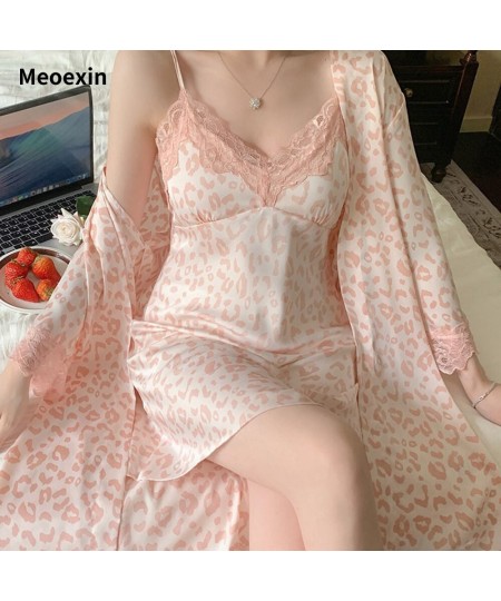 4-pieces Robe Dress Tops Pants Thin Pink Leopard Sexy Lace Bathrobe Set Silk Robes for Women Casual Home Wear Print Sleepwear...