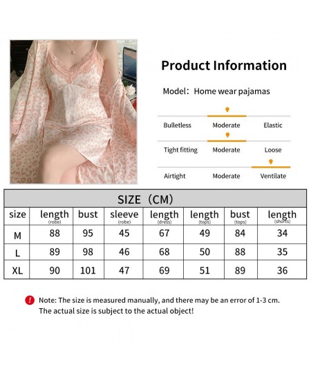 4-pieces Robe Dress Tops Pants Thin Pink Leopard Sexy Lace Bathrobe Set Silk Robes for Women Casual Home Wear Print Sleepwear...