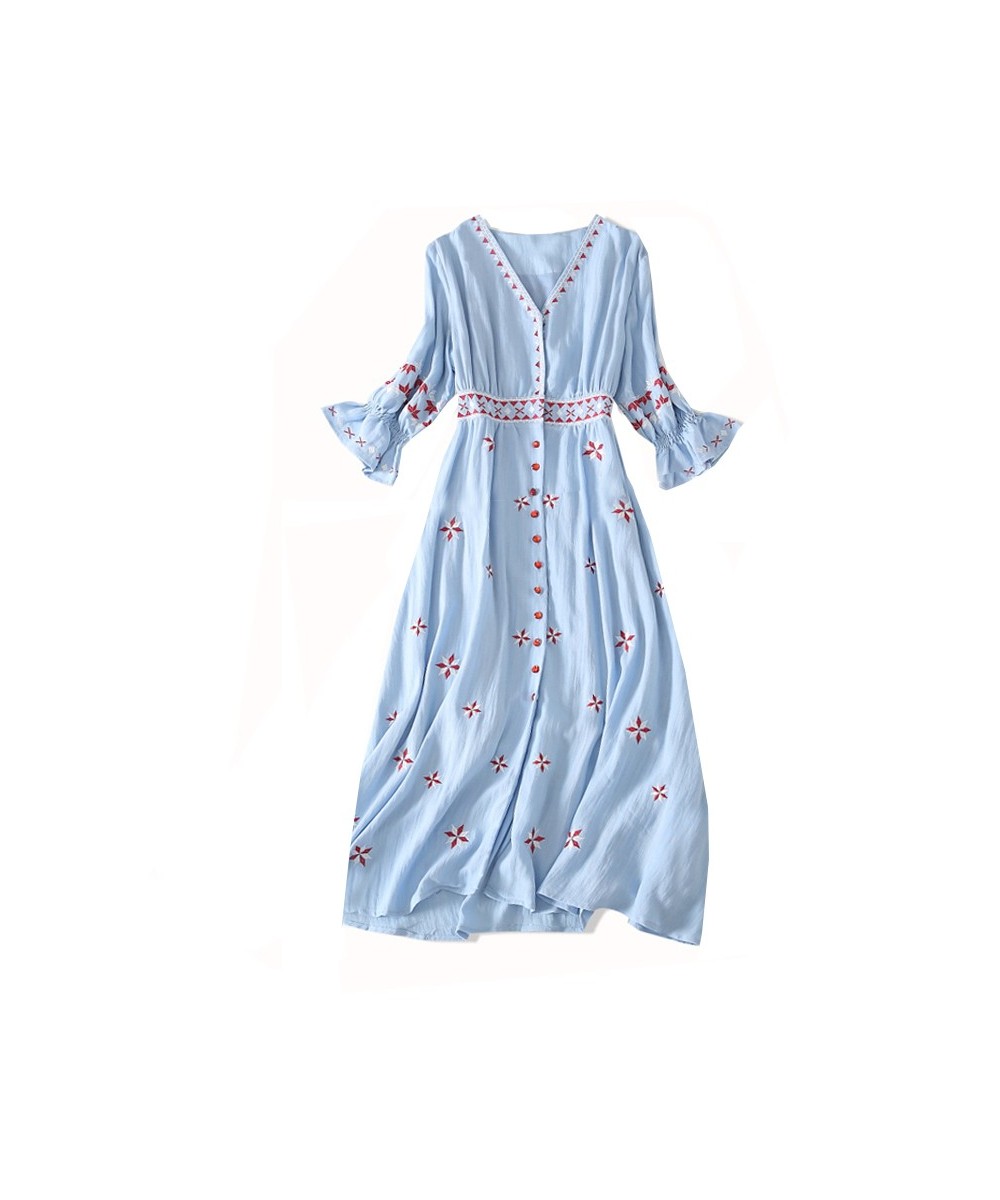 Bohemia Summer V-neck Half Sleeve Embroidery Women Cotton Dress Ethnic Holiday Beach Dress Sundress vestidos $75.13 - Dresses