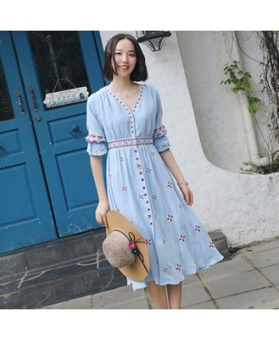 Bohemia Summer V-neck Half Sleeve Embroidery Women Cotton Dress Ethnic Holiday Beach Dress Sundress vestidos $75.13 - Dresses