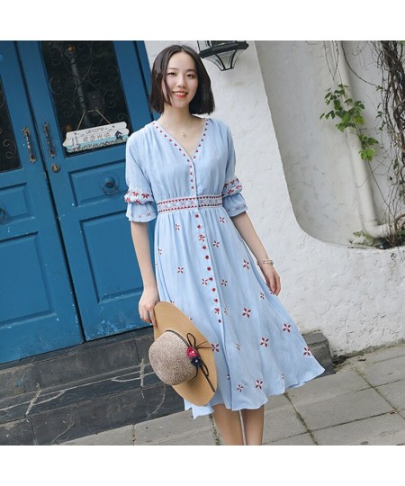 Bohemia Summer V-neck Half Sleeve Embroidery Women Cotton Dress Ethnic Holiday Beach Dress Sundress vestidos $75.13 - Dresses