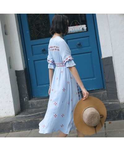 Bohemia Summer V-neck Half Sleeve Embroidery Women Cotton Dress Ethnic Holiday Beach Dress Sundress vestidos $75.13 - Dresses