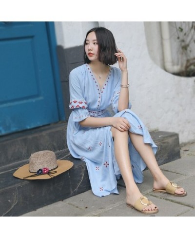 Bohemia Summer V-neck Half Sleeve Embroidery Women Cotton Dress Ethnic Holiday Beach Dress Sundress vestidos $75.13 - Dresses