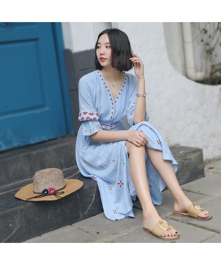 Bohemia Summer V-neck Half Sleeve Embroidery Women Cotton Dress Ethnic Holiday Beach Dress Sundress vestidos $75.13 - Dresses