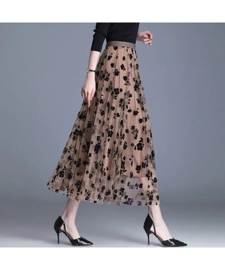 Mesh Floral Skirt Women 2023 Spring Summer Autumn Long Gauze Skirt High Waisted grace Fashion Puff Skirts Elegant Mujer $29.0...