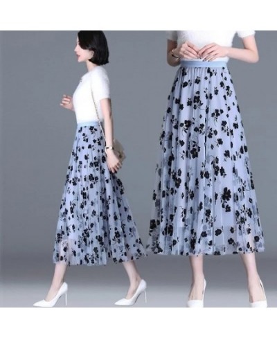 Mesh Floral Skirt Women 2023 Spring Summer Autumn Long Gauze Skirt High Waisted grace Fashion Puff Skirts Elegant Mujer $29.0...