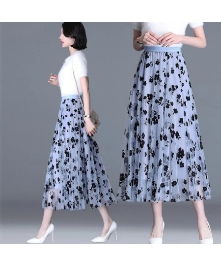 Mesh Floral Skirt Women 2023 Spring Summer Autumn Long Gauze Skirt High Waisted grace Fashion Puff Skirts Elegant Mujer $29.0...