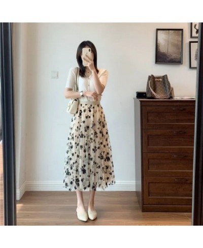 Mesh Floral Skirt Women 2023 Spring Summer Autumn Long Gauze Skirt High Waisted grace Fashion Puff Skirts Elegant Mujer $29.0...