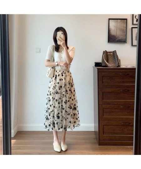 Mesh Floral Skirt Women 2023 Spring Summer Autumn Long Gauze Skirt High Waisted grace Fashion Puff Skirts Elegant Mujer $29.0...