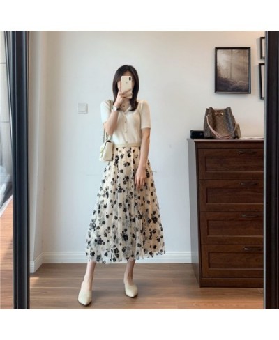 Mesh Floral Skirt Women 2023 Spring Summer Autumn Long Gauze Skirt High Waisted grace Fashion Puff Skirts Elegant Mujer $29.0...