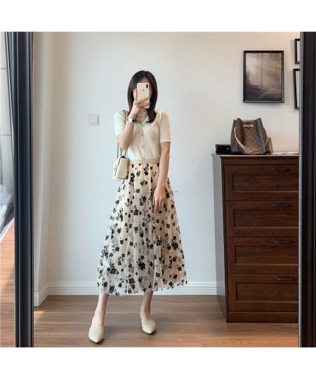 Mesh Floral Skirt Women 2023 Spring Summer Autumn Long Gauze Skirt High Waisted grace Fashion Puff Skirts Elegant Mujer $29.0...