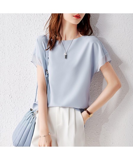 Sentubila Elegant Chiffon Blouse Women 2023 Summer Patchwork Short Sleeve O-Neck Simple Loose Straight Thin Chiffon Tops $55....