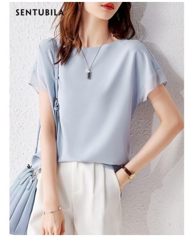 Sentubila Elegant Chiffon Blouse Women 2023 Summer Patchwork Short Sleeve O-Neck Simple Loose Straight Thin Chiffon Tops $55....