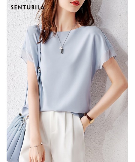 Sentubila Elegant Chiffon Blouse Women 2023 Summer Patchwork Short Sleeve O-Neck Simple Loose Straight Thin Chiffon Tops $55....