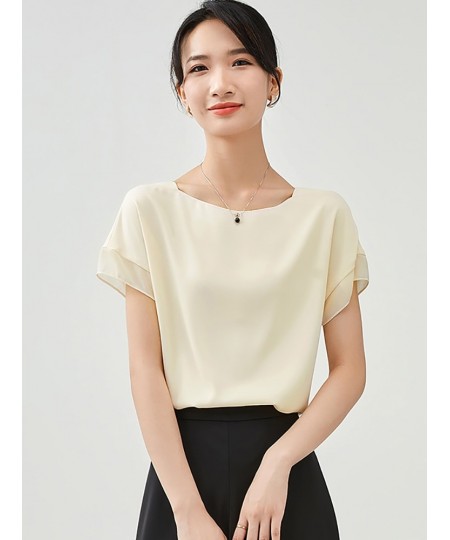 Sentubila Elegant Chiffon Blouse Women 2023 Summer Patchwork Short Sleeve O-Neck Simple Loose Straight Thin Chiffon Tops $55....