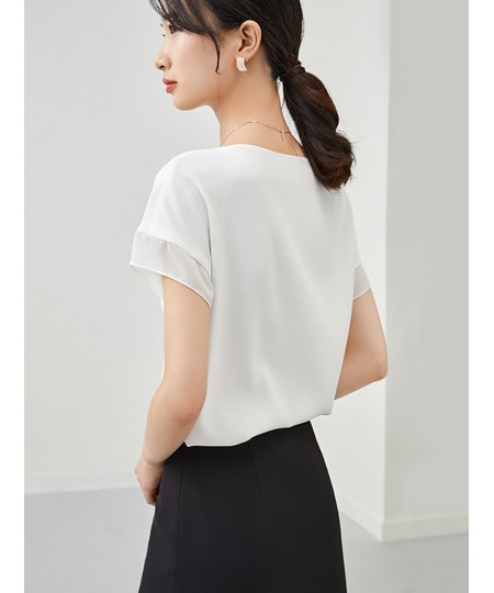 Sentubila Elegant Chiffon Blouse Women 2023 Summer Patchwork Short Sleeve O-Neck Simple Loose Straight Thin Chiffon Tops $55....