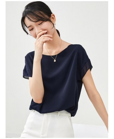 Sentubila Elegant Chiffon Blouse Women 2023 Summer Patchwork Short Sleeve O-Neck Simple Loose Straight Thin Chiffon Tops $55....