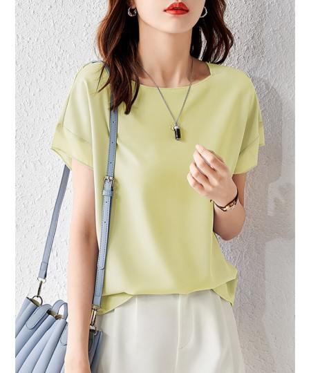 Sentubila Elegant Chiffon Blouse Women 2023 Summer Patchwork Short Sleeve O-Neck Simple Loose Straight Thin Chiffon Tops $55....