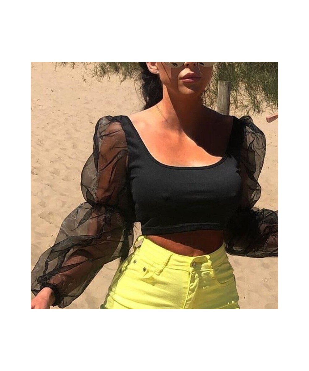 Women Sexy Off Shoulder Ruffles Organza Blouses Long Puff Sleeve Mesh Sheer Crop Top Shirt Off Shoulder Party Sweet Short $24...