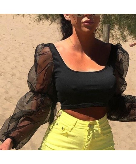 Women Sexy Off Shoulder Ruffles Organza Blouses Long Puff Sleeve Mesh Sheer Crop Top Shirt Off Shoulder Party Sweet Short $24...