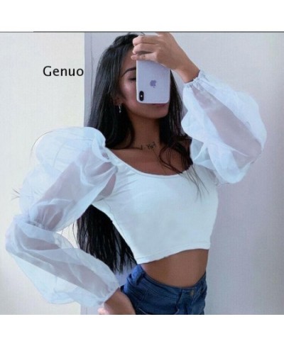 Women Sexy Off Shoulder Ruffles Organza Blouses Long Puff Sleeve Mesh Sheer Crop Top Shirt Off Shoulder Party Sweet Short $24...